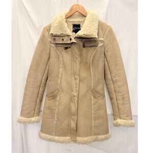 Vintage Y2K 90s Guess Faux Suede Long Penny Lane Coat‎ Sherpa Lining Trim Medium